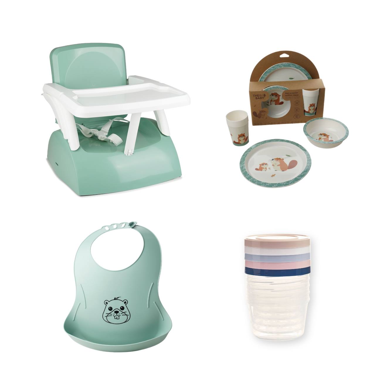 Pack repas 2ème âge Booster de Chaise Coffrets de Conservation Bavoir Semi-Rigide vert sauge