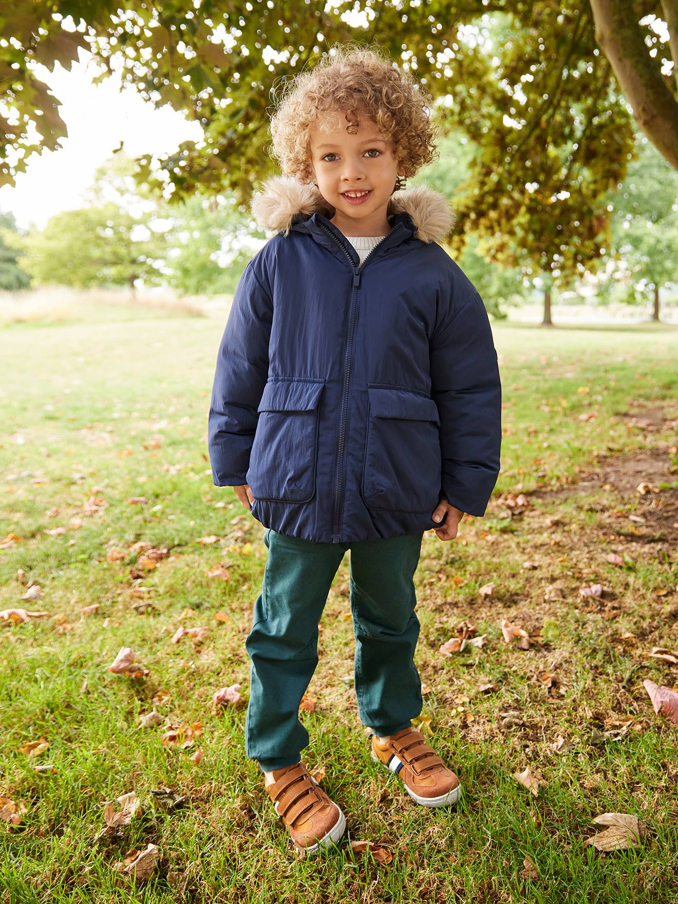 Parka garçon à capuche doublée polaire marine