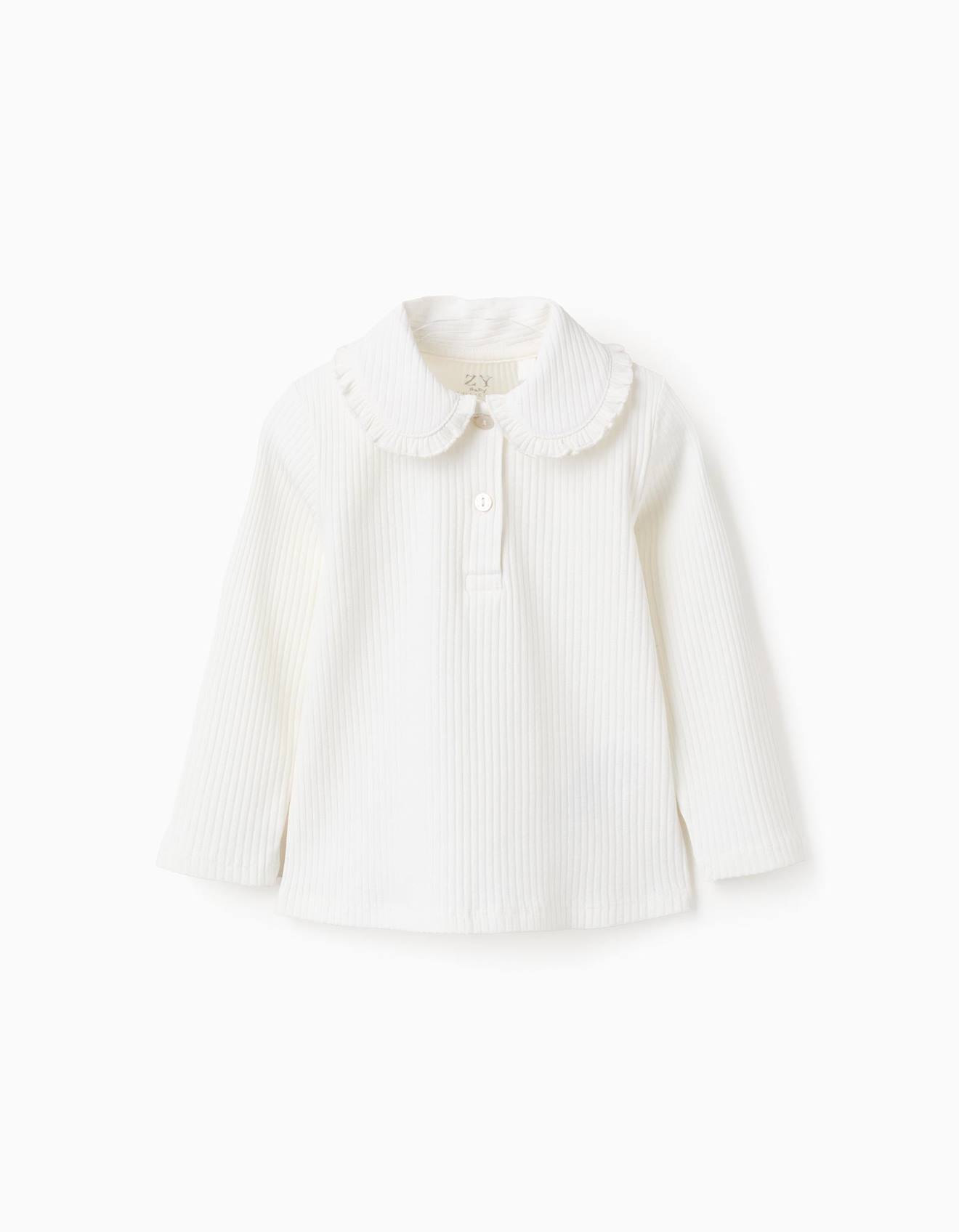 T-shirt Côtelé À Col Claudine Et Boutons Beige Clair