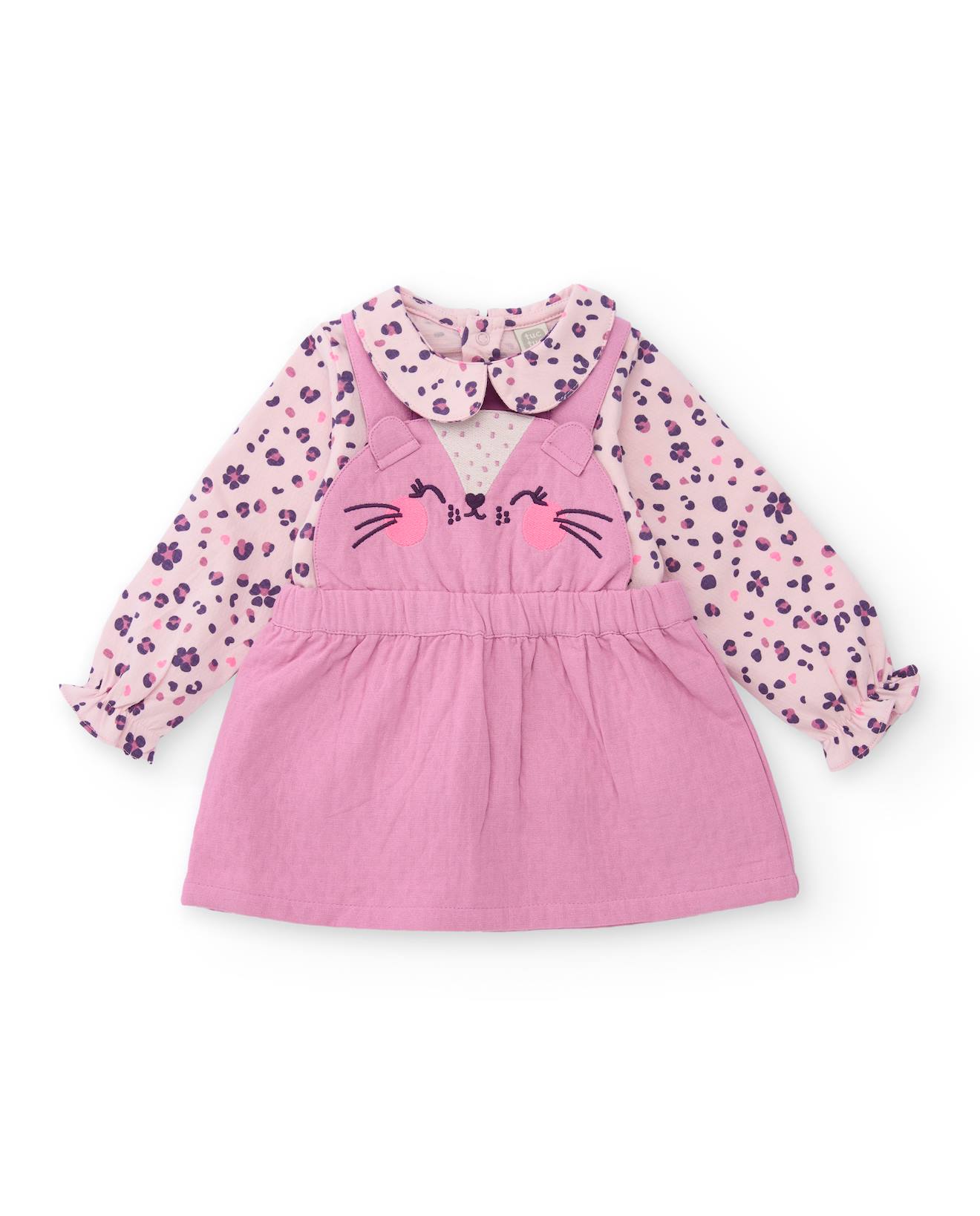 Ensemble fille robe chaton brodé et blouse fleurie rose