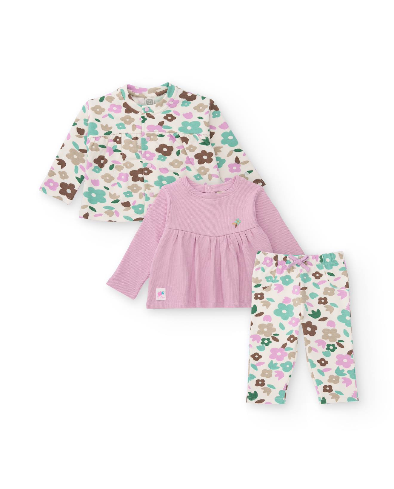 Ensemble Trois Pièces Bébé Fille Tunique Brodée Et Veste Florale Blanc