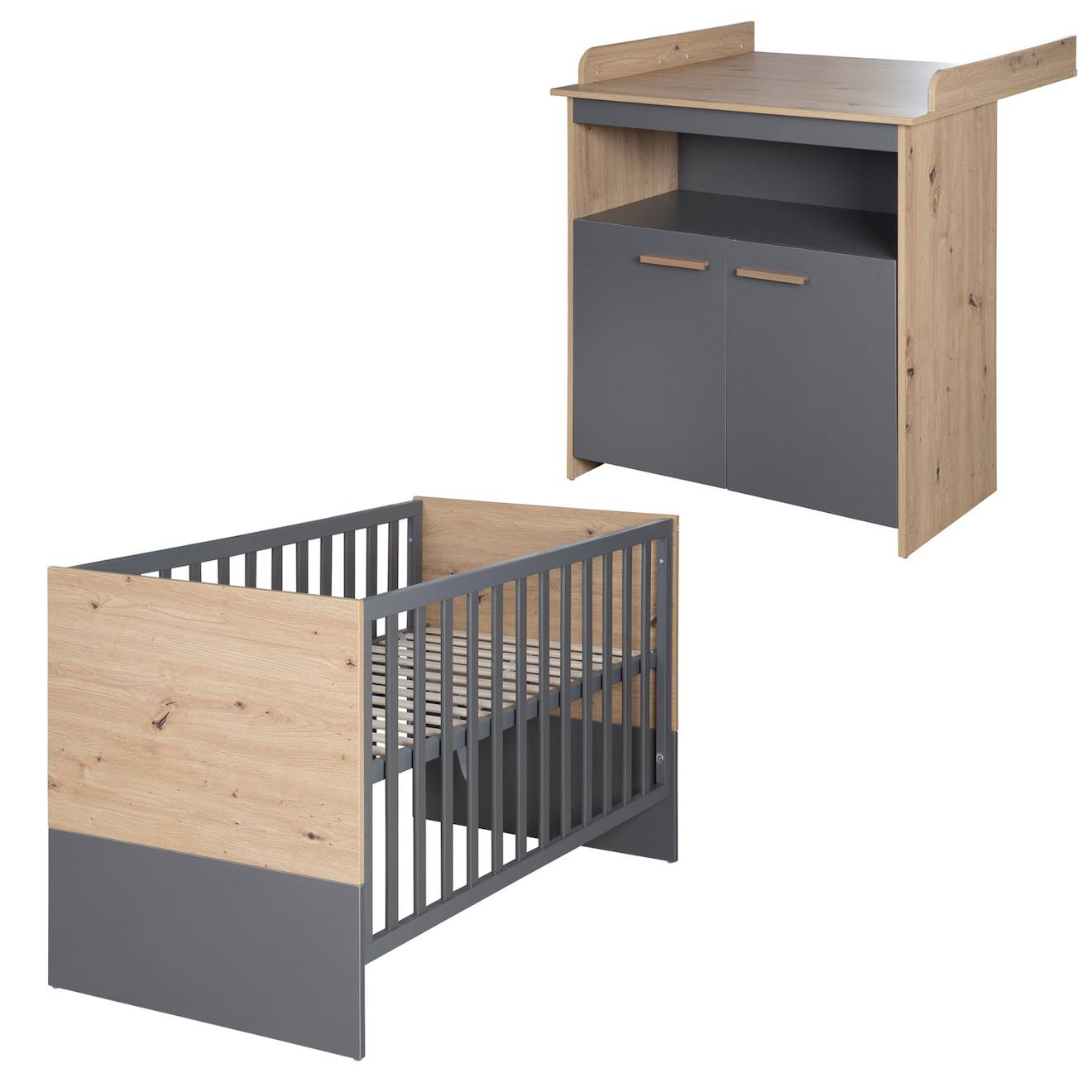 Chambre Bébé Évolutive 2 Pièces Avec Soft-close Anna Anthracite - Chêne Kent