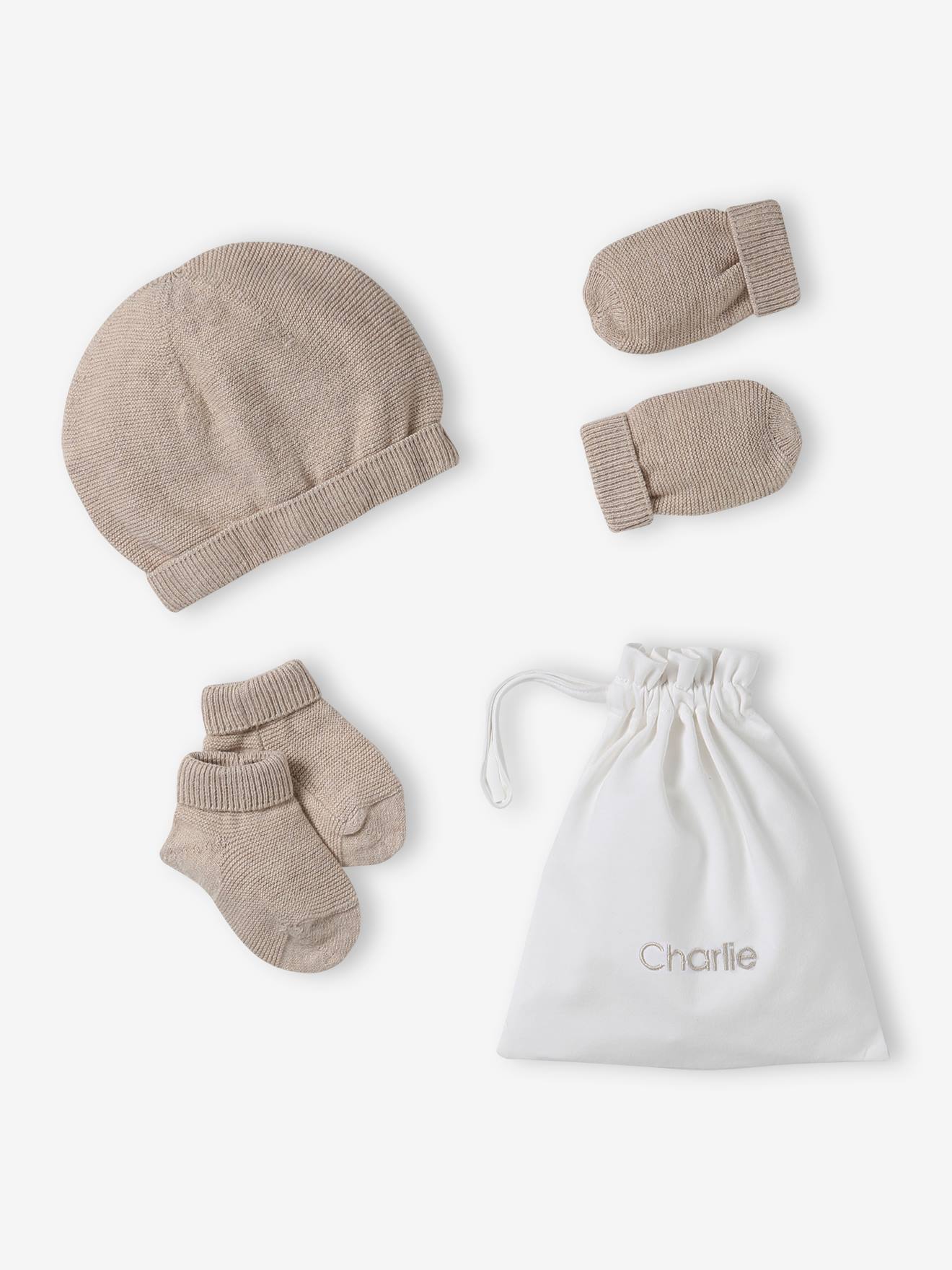 Ensemble naissance bonnet, moufles et chaussons et son pochon personnalisable beige chiné