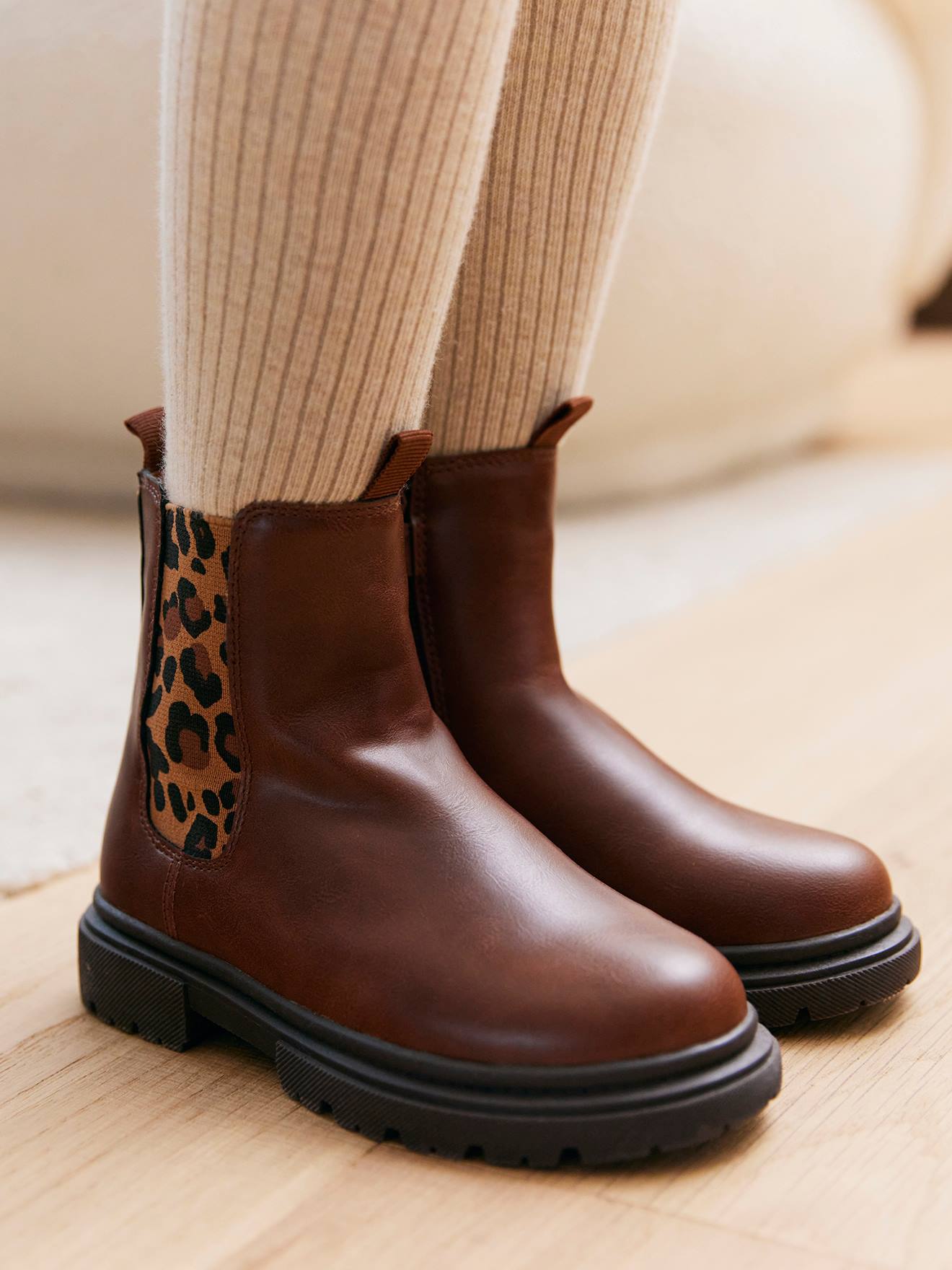 Boots enfant fille synthétique zippées et élastiquées marron