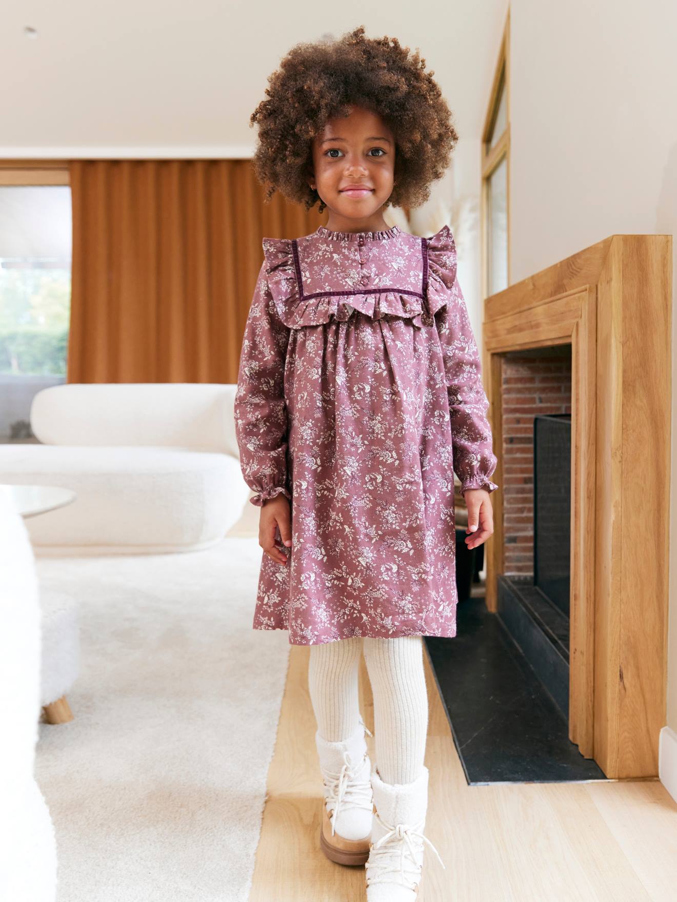 Robe fille flanelle imprimée fleurs prune