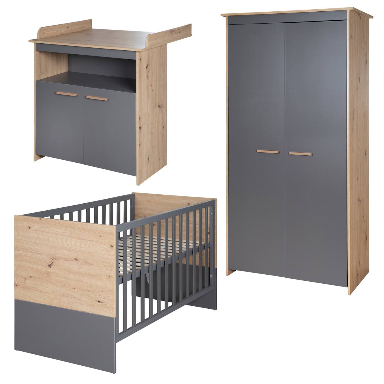 Chambre Bébé Évolutive Complète Avec Soft-close Anna Anthracite - Chêne Kent