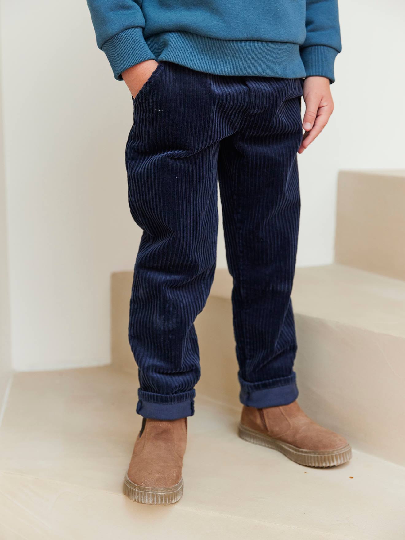 Pantalon en velours côtelé garçon facile à enfiler marine