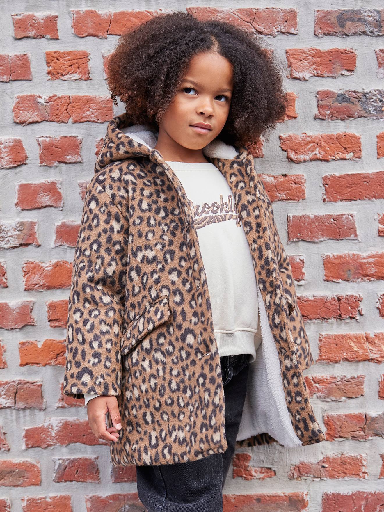 Manteau fille à capuche drap de laine léopard marron