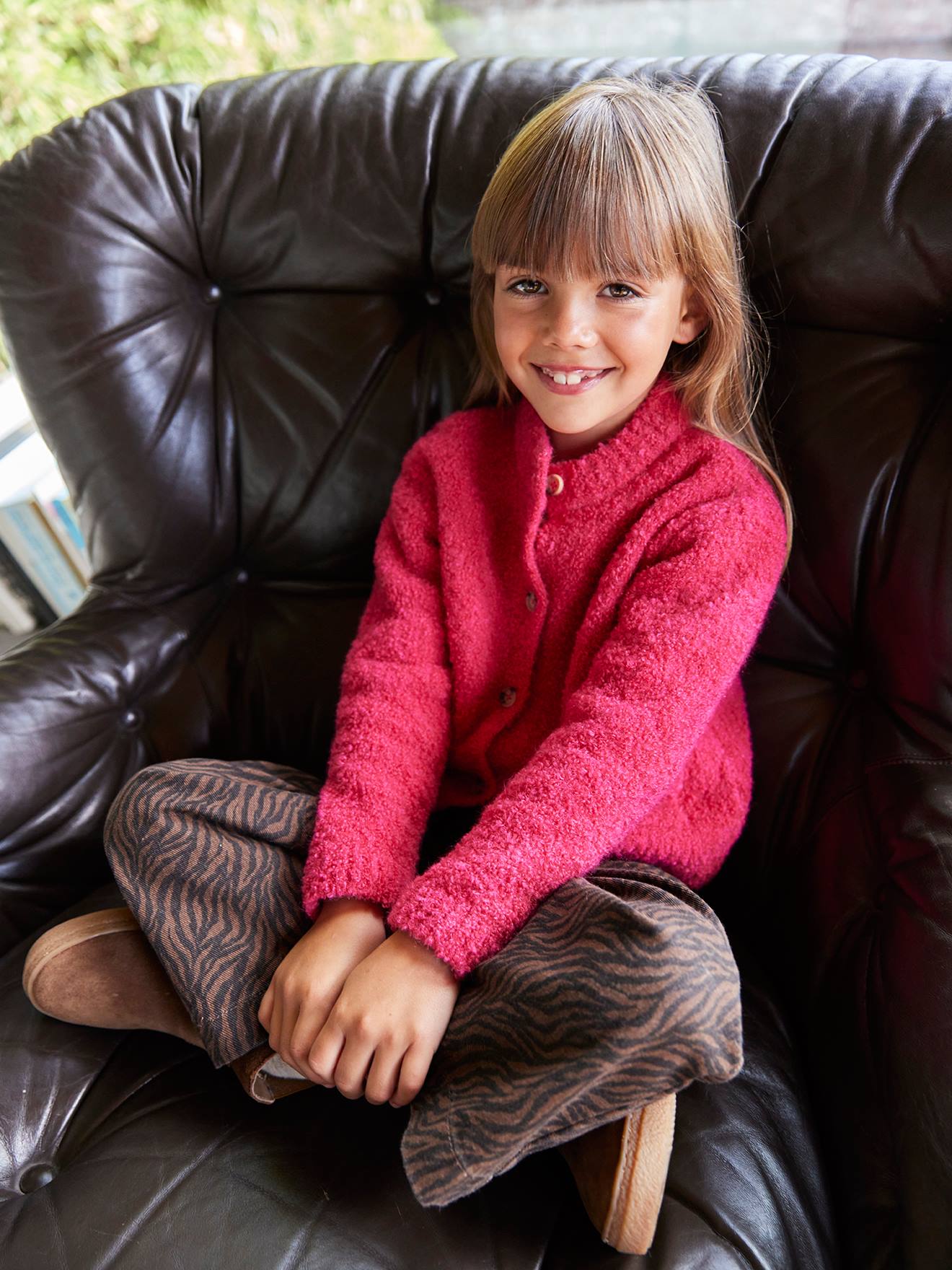 Gilet fille en bouclettes fuchsia