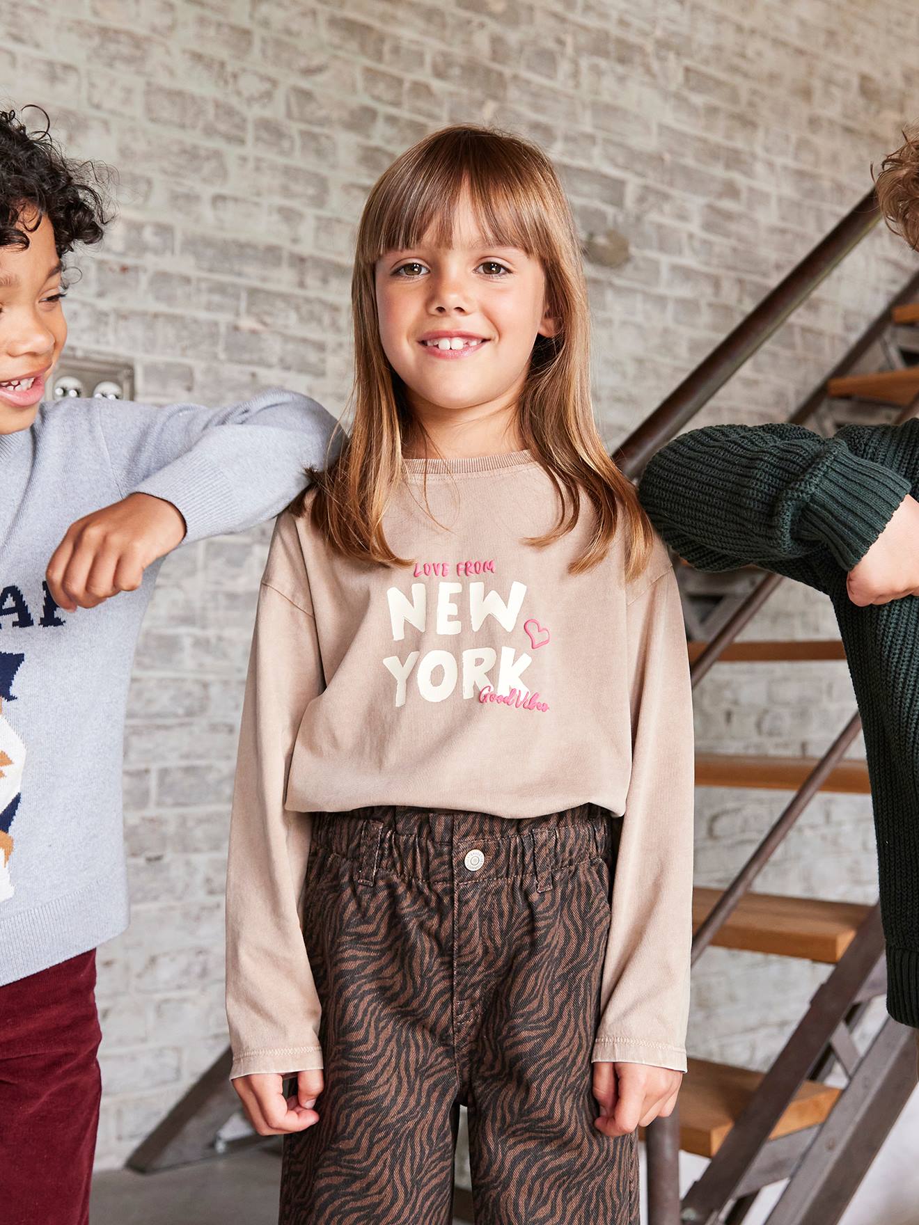 Tee-shirt fille motif NY détails fluo manches longues sable