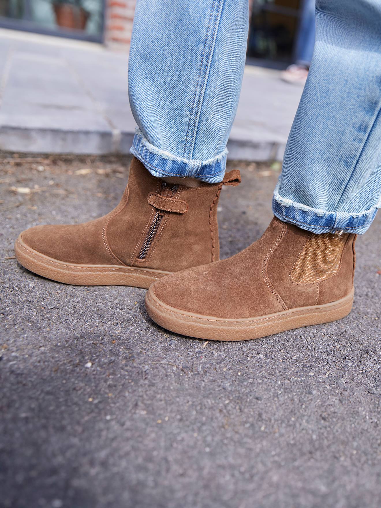 Boots enfant fille cuir zippées camel