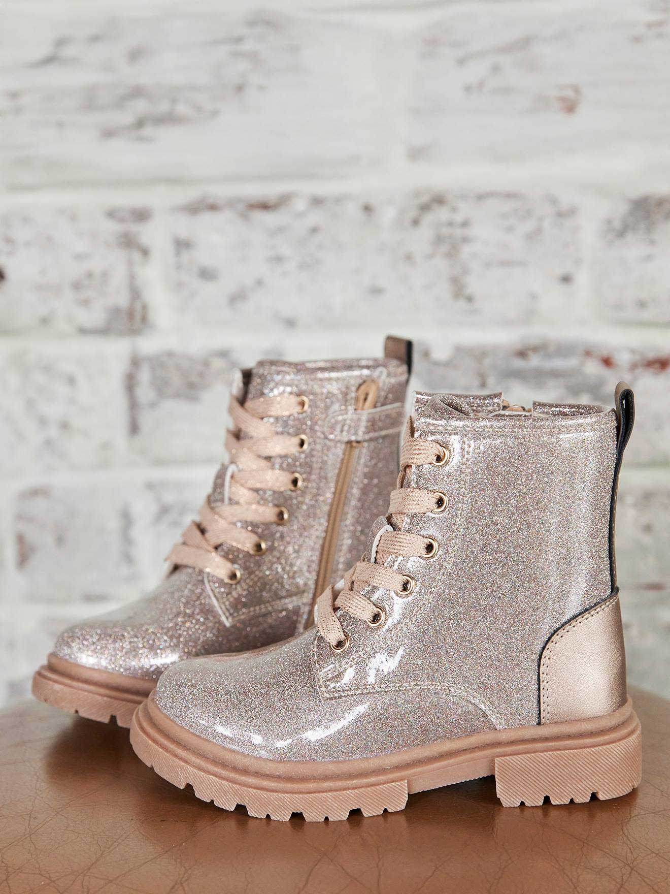 Bottines enfant fille synthétique lacées et zippées or