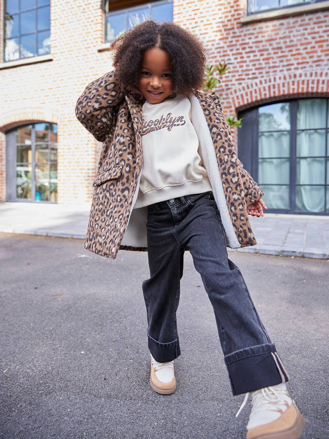 Manteau fille à capuche drap de laine léopard marron