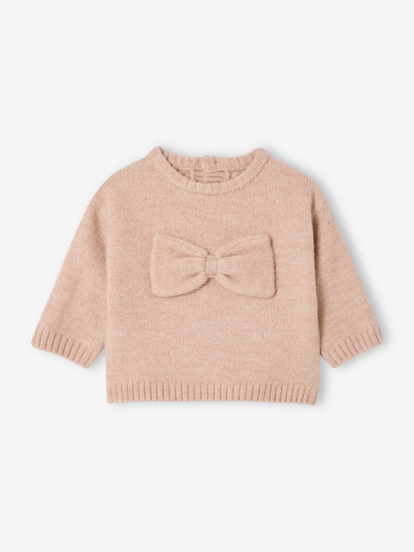 Pull bébé en tricot avec noeud en volume rose poudré