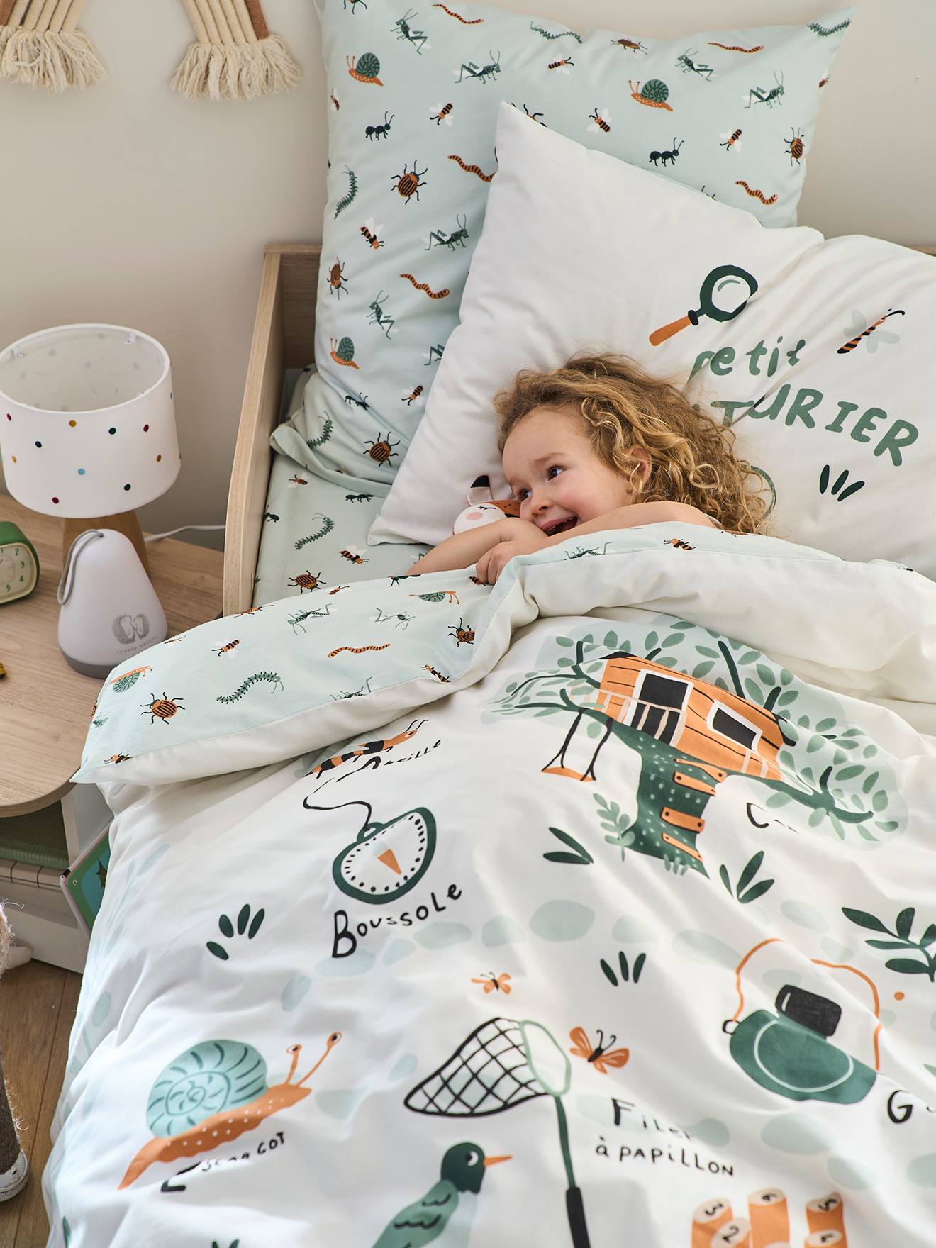 Parure housse de couette + taie d'oreiller enfant MA CABANE bleu gris