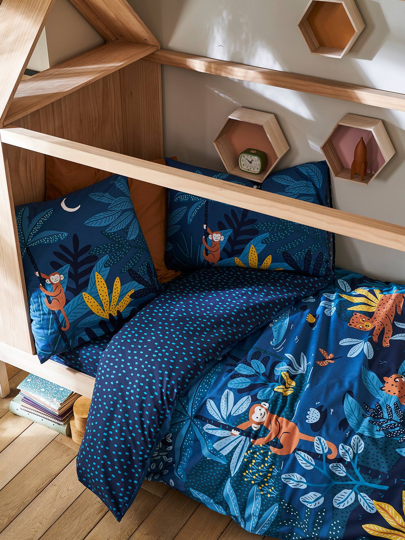 Parure housse de couette enfant et taie d'oreiller JUNGLE NIGHT bleu / multicolore