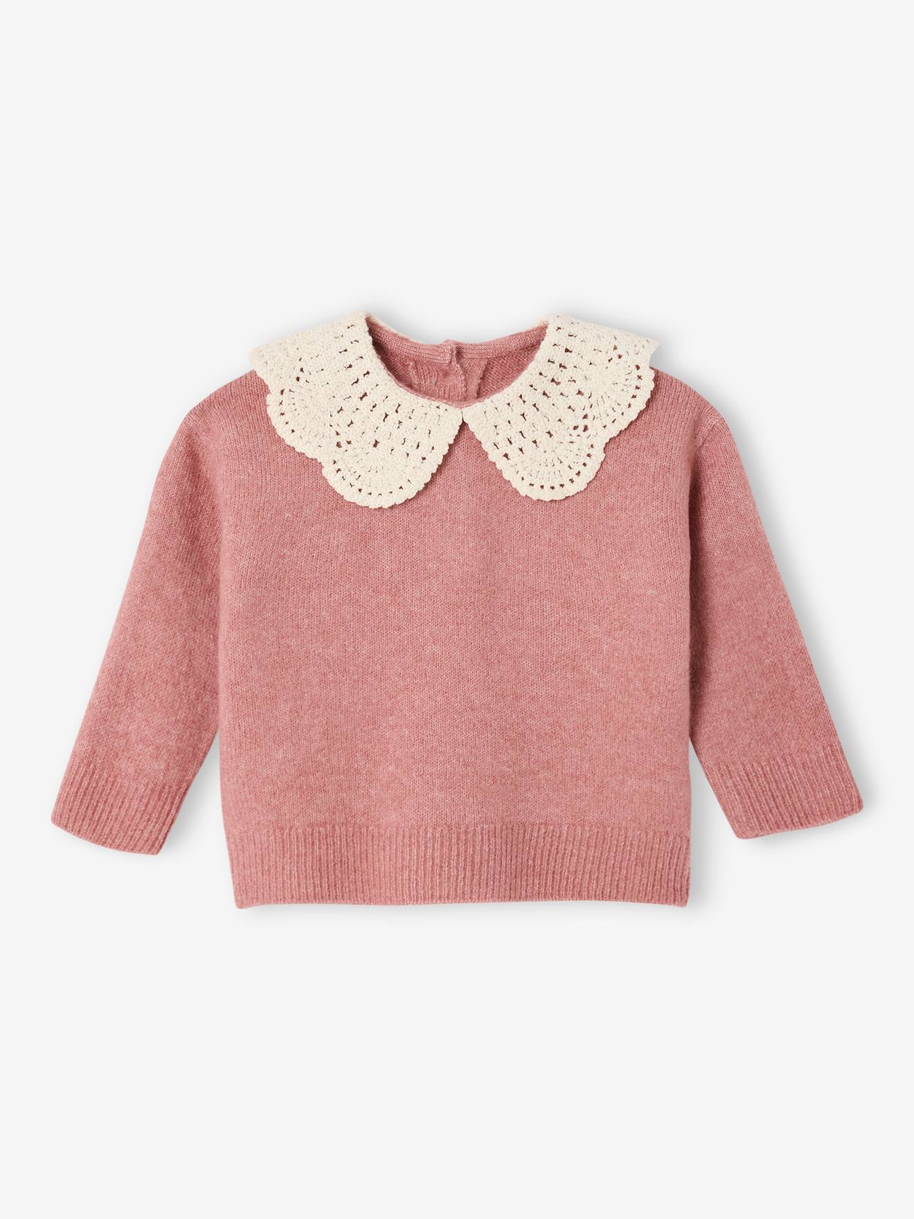 Pull bébé en maille avec col en crochet rose poudré