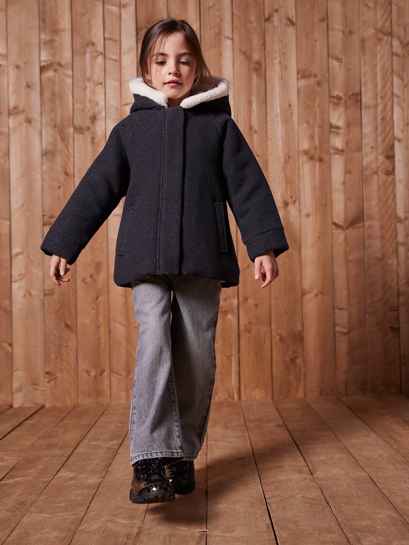 Manteau fille à capuche drap de laine anthracite