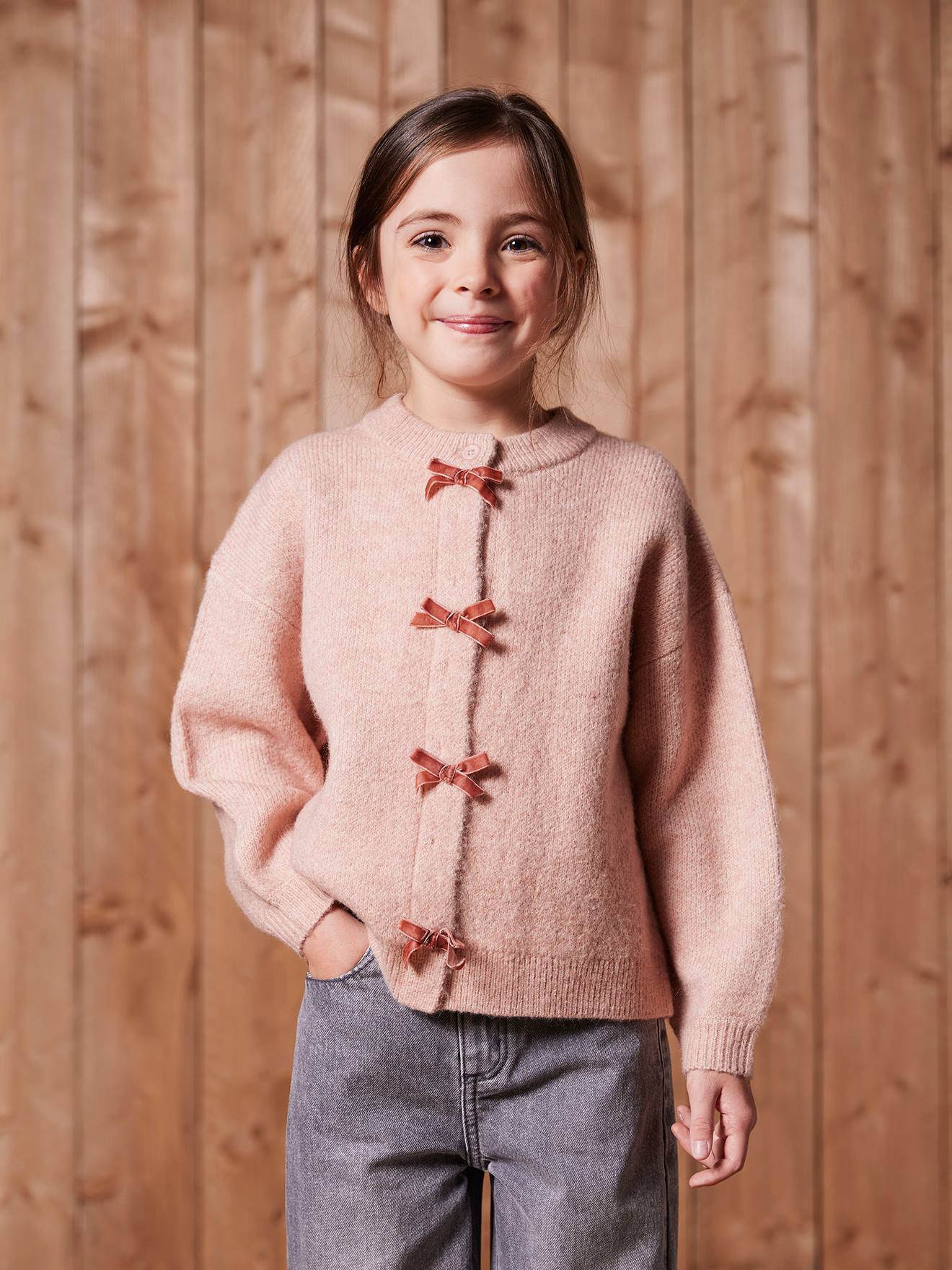 Gilet fille noeuds en velours rose poudré