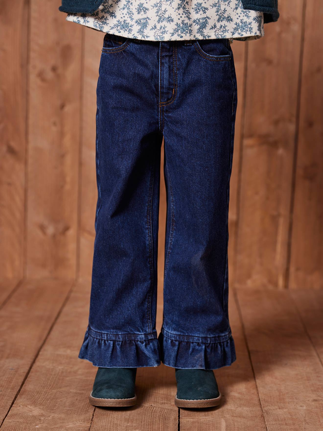 Jean fille large à volants bleu foncé