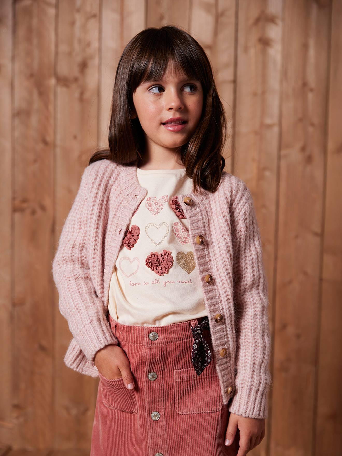 Gilet fille loose maille mousseuse rose poudré