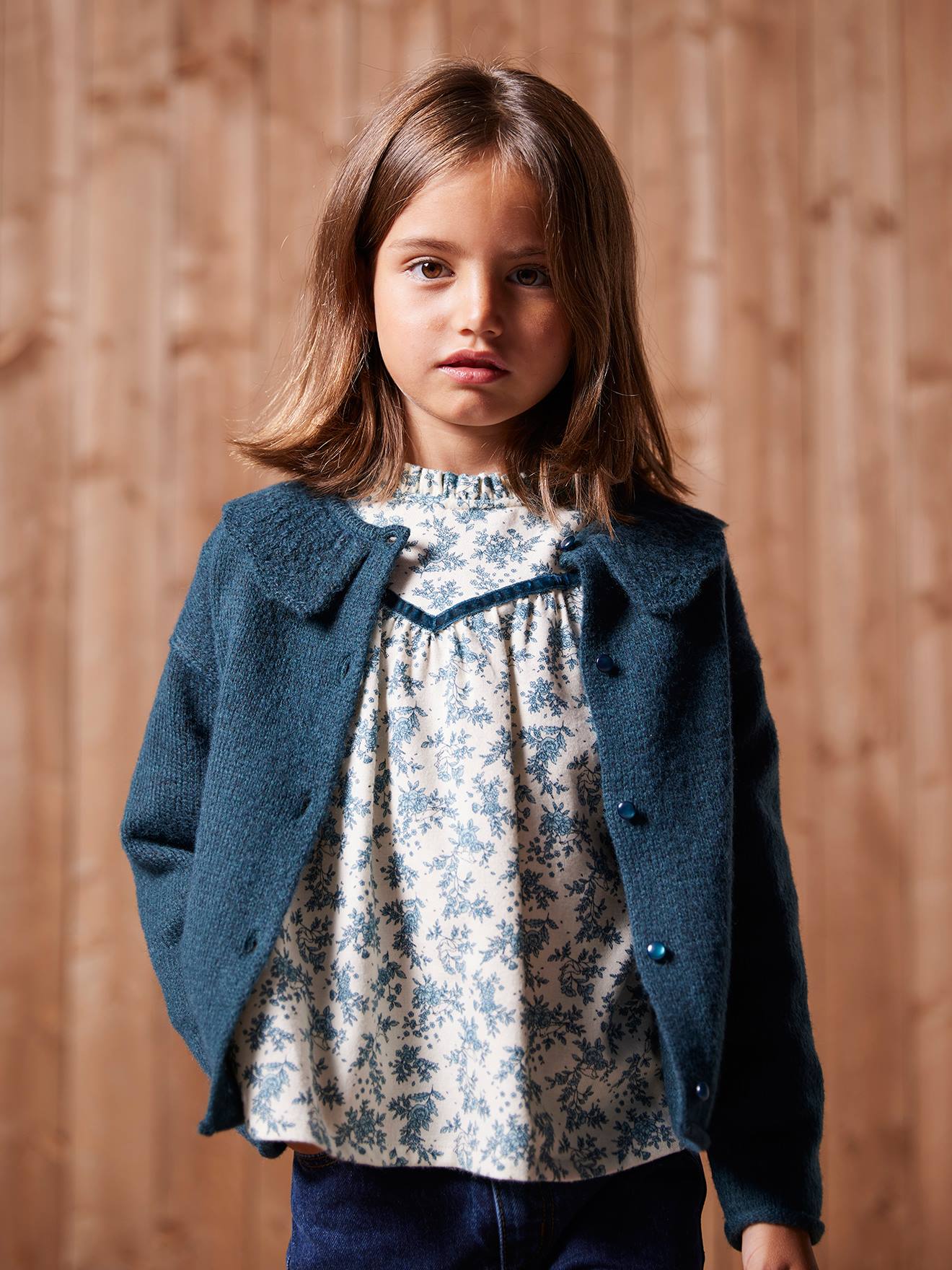 Gilet col fantaisie ajouré fille bleu pétrole