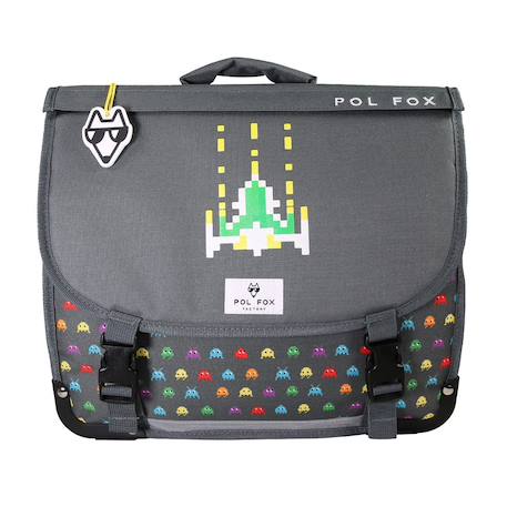 Cartable 35 cm garçon POL FOX Space Invader Réversible avec 1 compartiment – CP/CE1/CE2 – Gris à motifs rétro gaming  - vertbaudet enfant