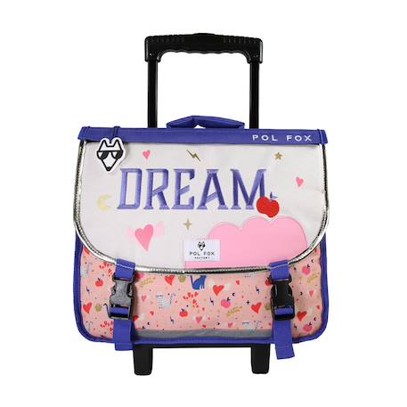 Fille-Cartable à roulettes 38 cm POL FOX Dream Réversible avec 2 compartiments – CP/CE1/CE2 – Rose parme à imprimés chats et cœurs