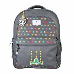 Sac à dos 2 compartiments garçon POL FOX Space Invader Réversible – CP/CE1/CE2 – Gris à motifs jeux rétro  - vertbaudet enfant