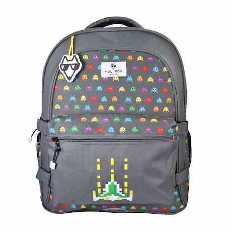 Sac à dos 2 compartiments garçon POL FOX Space Invader Réversible – CP/CE1/CE2 – Gris à motifs jeux rétro  - vertbaudet enfant