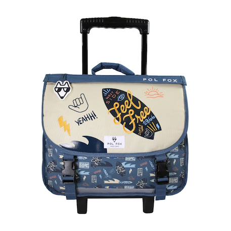 Cartable à roulettes 38 cm garçon POL FOX Surf Réversible avec 2 compartiments – CP/CE1/CE2 – Bleu océan à motifs planche et vagues  - vertbaudet enfant