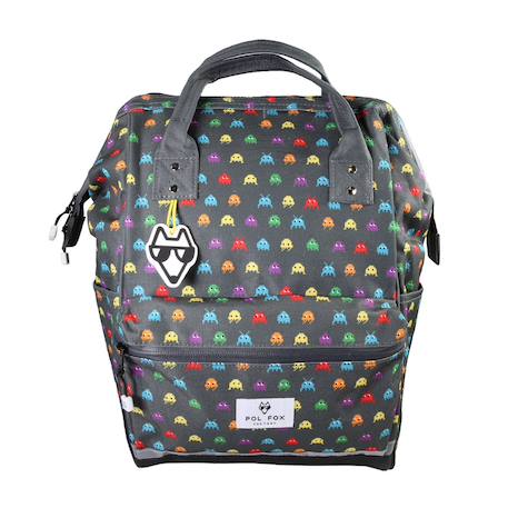 Sac à dos futé garçon POL FOX Space Invader avec 1 grand compartiment – CM1/CM2/collège – Noir à motifs pixel multicolores  - vertbaudet enfant