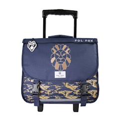 -Cartable à roulettes 38 cm garçon POL FOX Lion Réversible avec 2 compartiments – CP/CE1/CE2 – Bleu marine à imprimé savane et motif lion doré