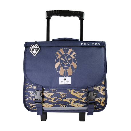 Cartable à roulettes 38 cm garçon POL FOX Lion Réversible avec 2 compartiments – CP/CE1/CE2 – Bleu marine à imprimé savane et motif lion doré  - vertbaudet enfant
