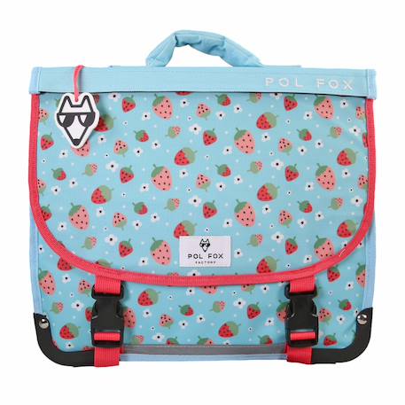 Fille-Accessoires-Cartable 38 cm fille POL FOX Strawberry Réversible avec 2 compartiments – CP/CE1/CE2 – Bleu clair et rose à motifs fraises et fleurs