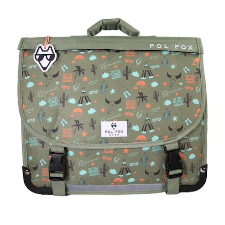Cartable 38 cm garçon POL FOX Road Trip Réversible avec 2 compartiments – CP/CE1/CE2 – Vert kaki à motifs désert et van vintage  - vertbaudet enfant