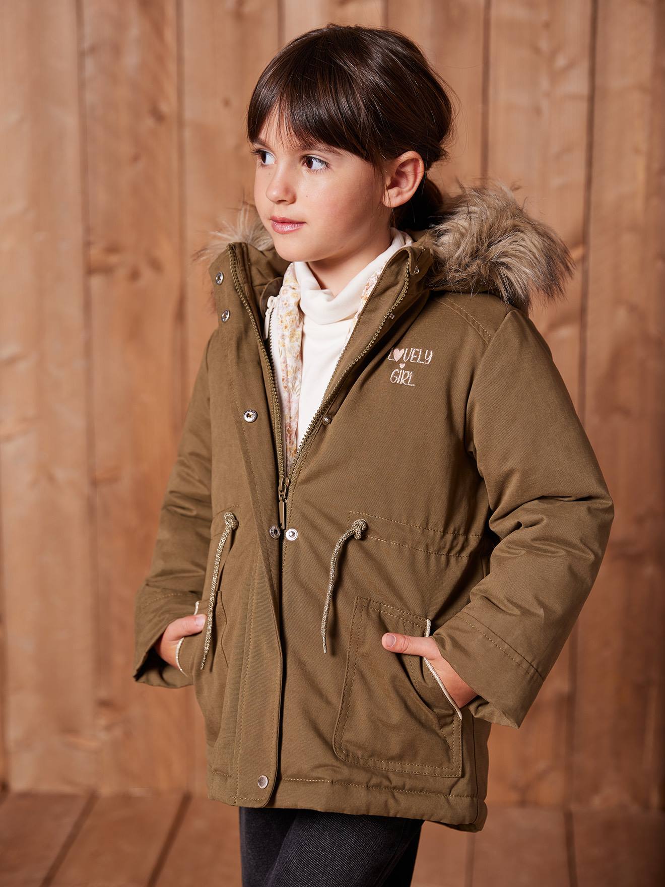 Parka fille 3 en 1 hiver à capuche kaki