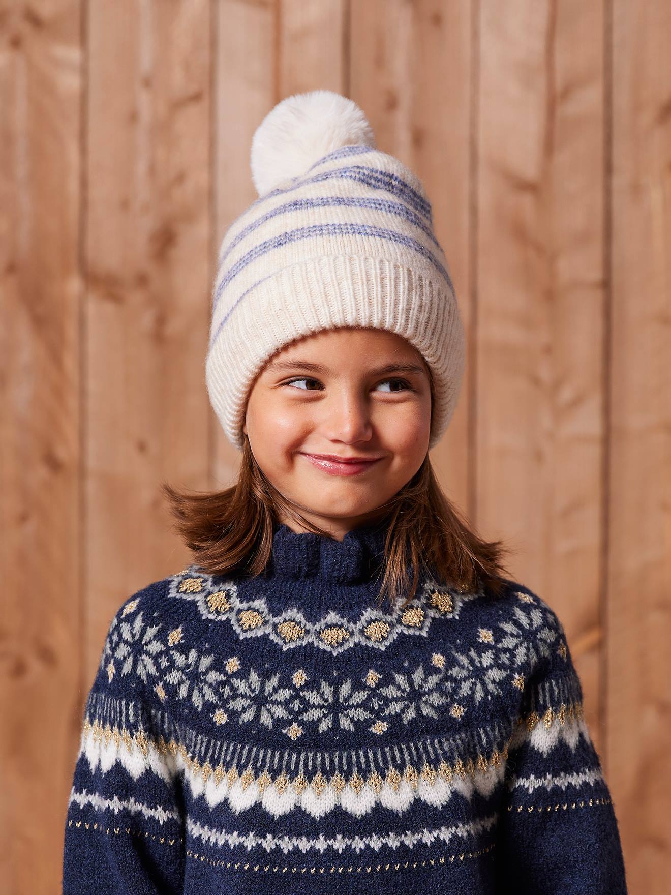 Ensemble rayé fille bonnet + snood + moufles/gants vanille