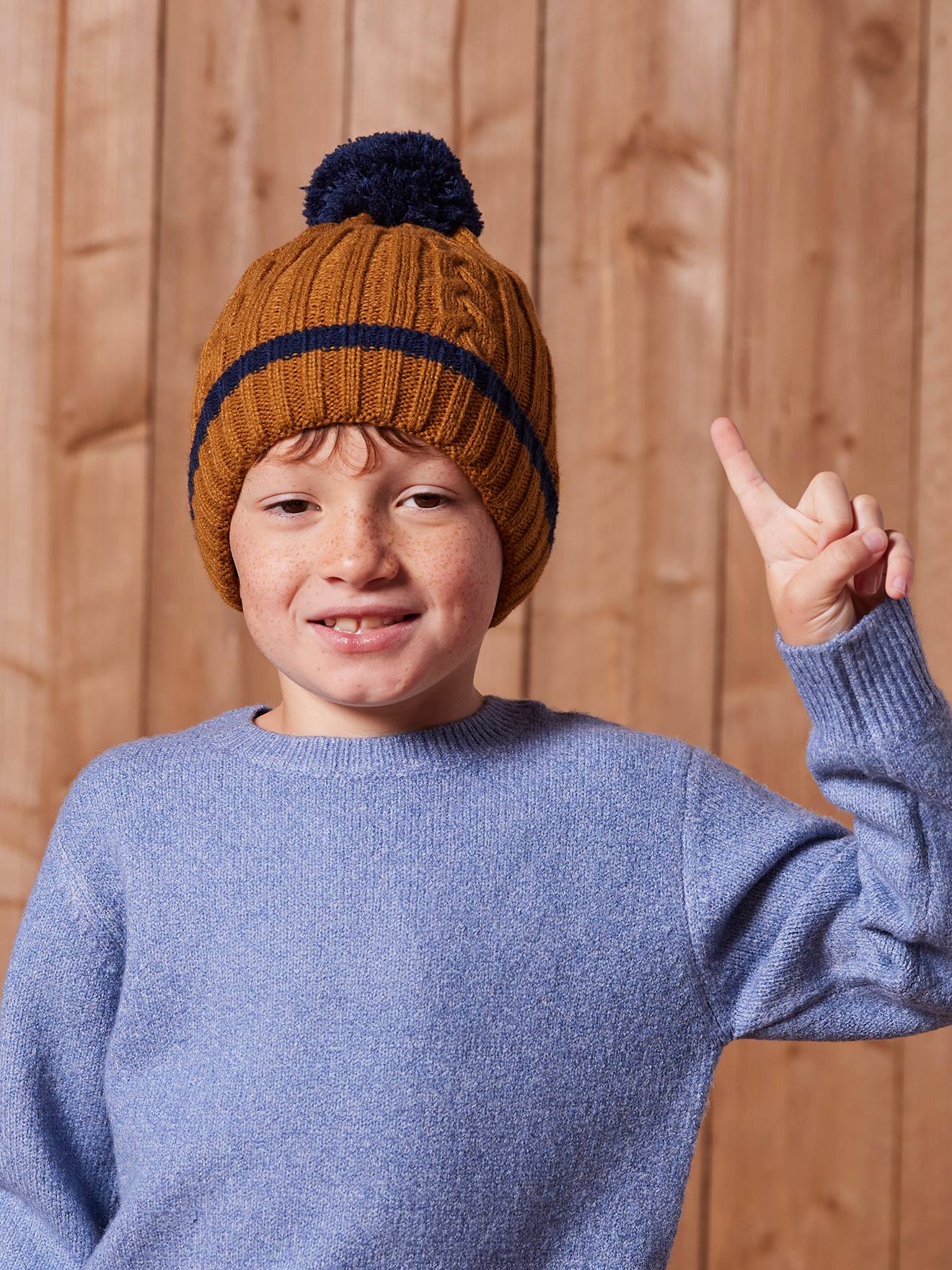 Ensemble torsadé garçon bonnet + snood + moufles/gants ocre