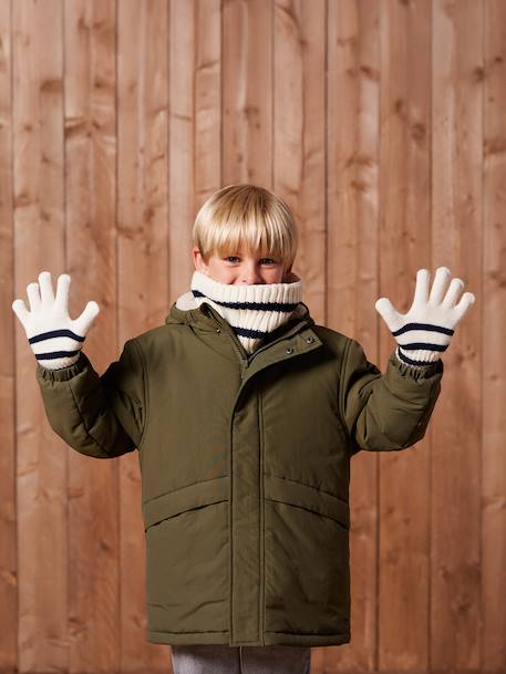 Garçon-Accessoires-Ensemble rayé garçon bonnet + snood + moufles/gants