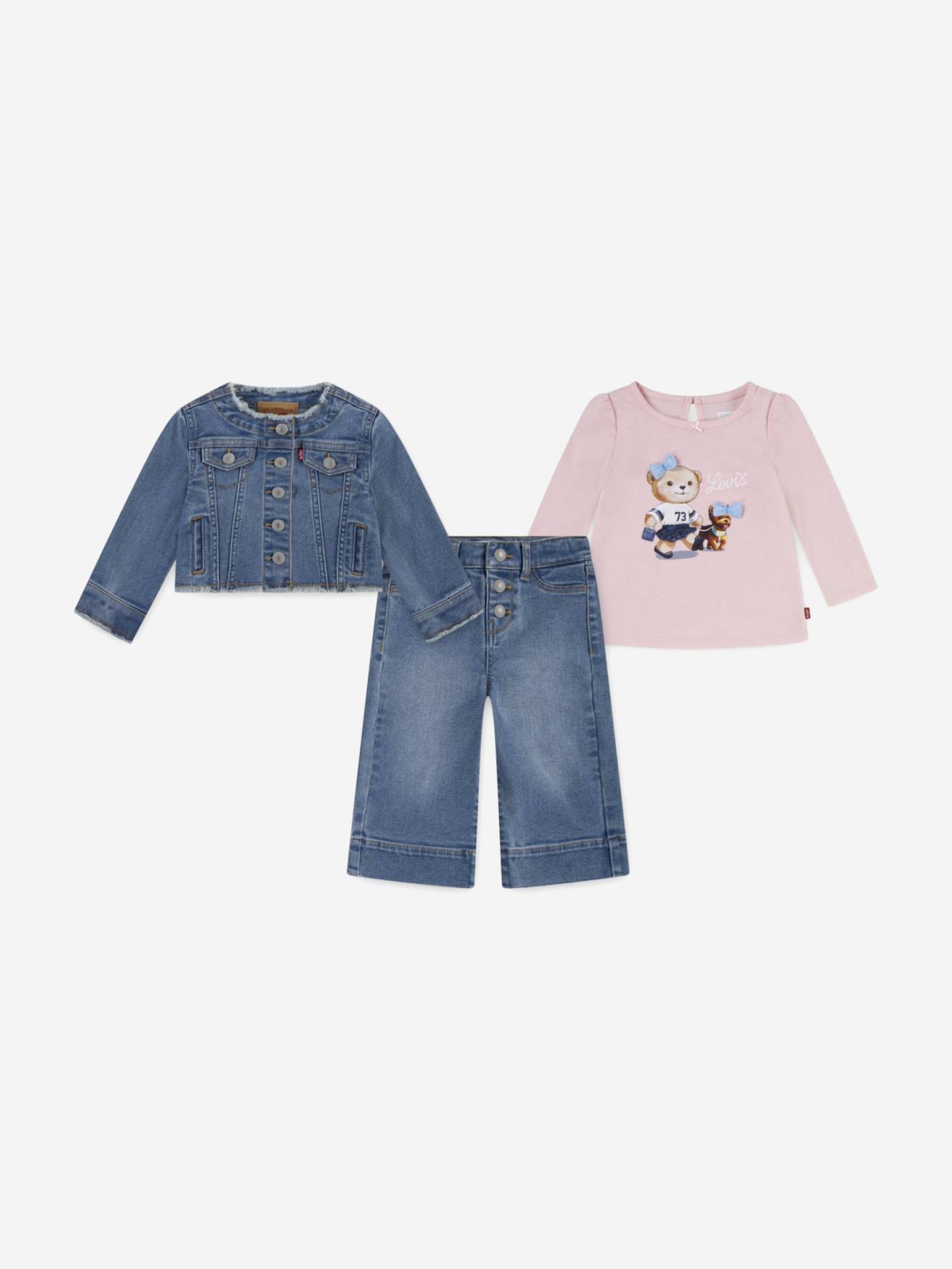 Ensemble Bébé Fille 3 Pièces Pull Gilet Et Bas En Jean Crystal Rose