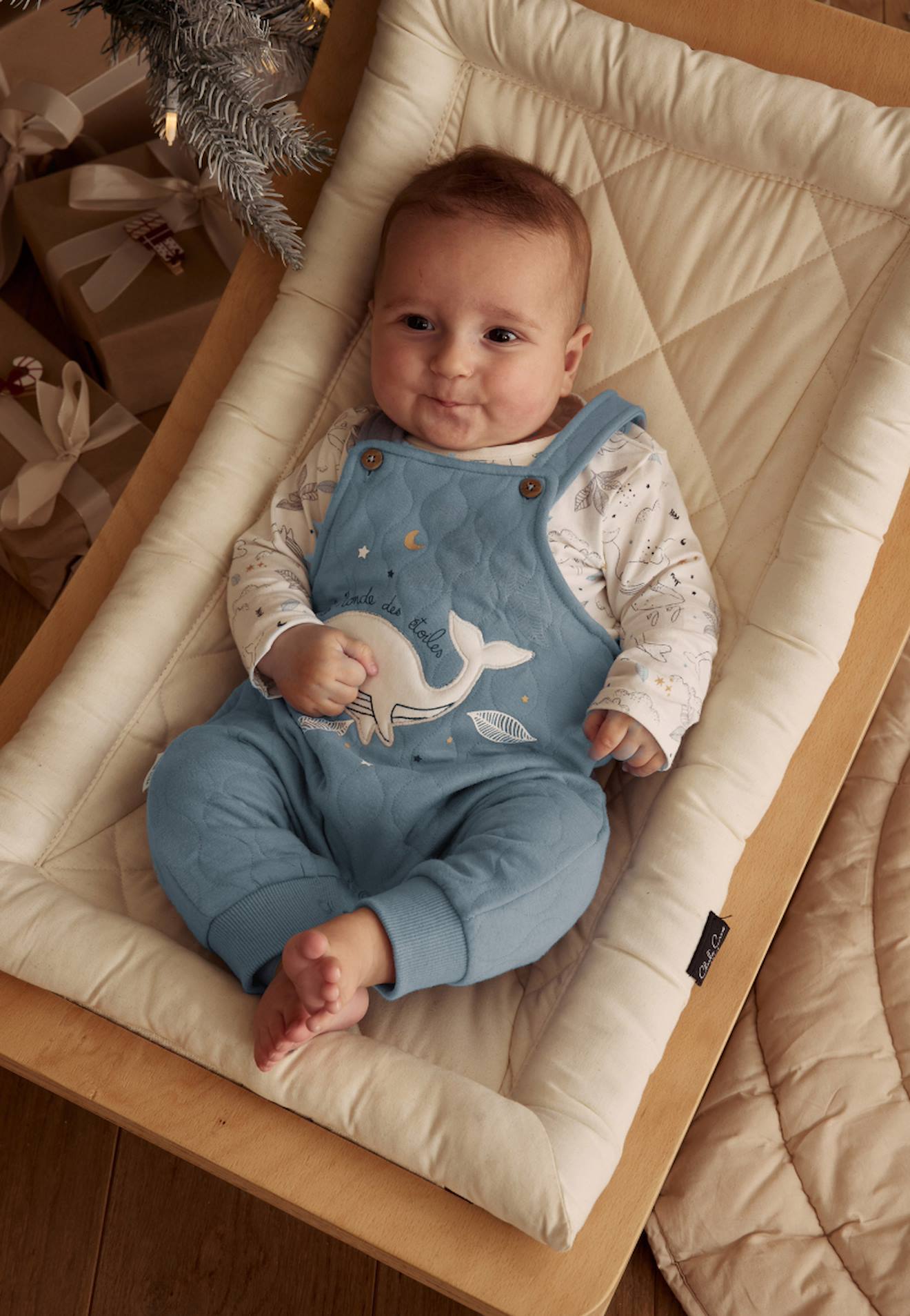 Ensemble salopette bébé en coton matelassé et t-shirt petite balade bleu
