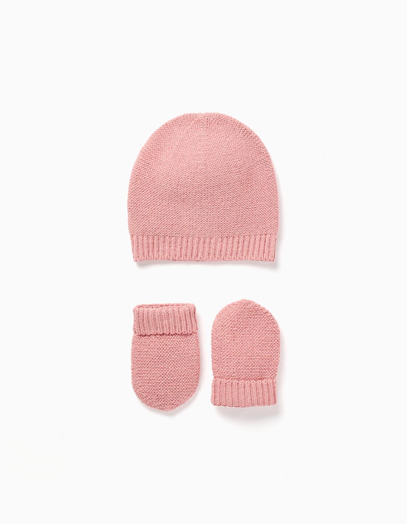 Pack De Bonnet + Gants En Maille Rose