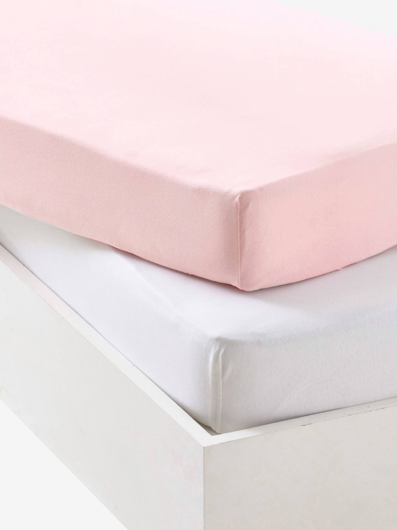 Lot de 2 draps-housses bébé en jersey extensible rose pâle + blanc