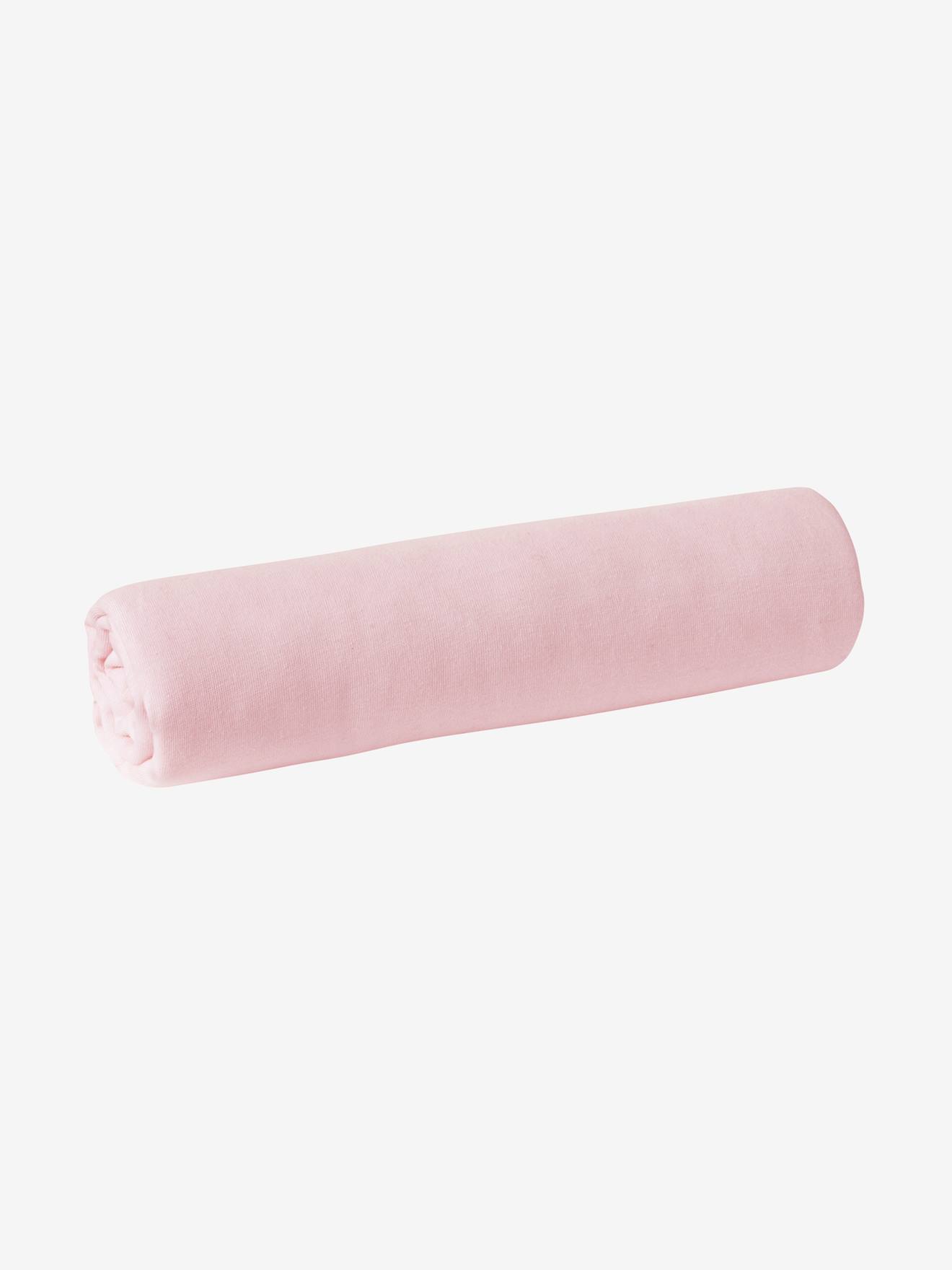 Lot de 2 draps-housses bébé en jersey extensible rose pâle + blanc (Vertbaudet) - Image 1
