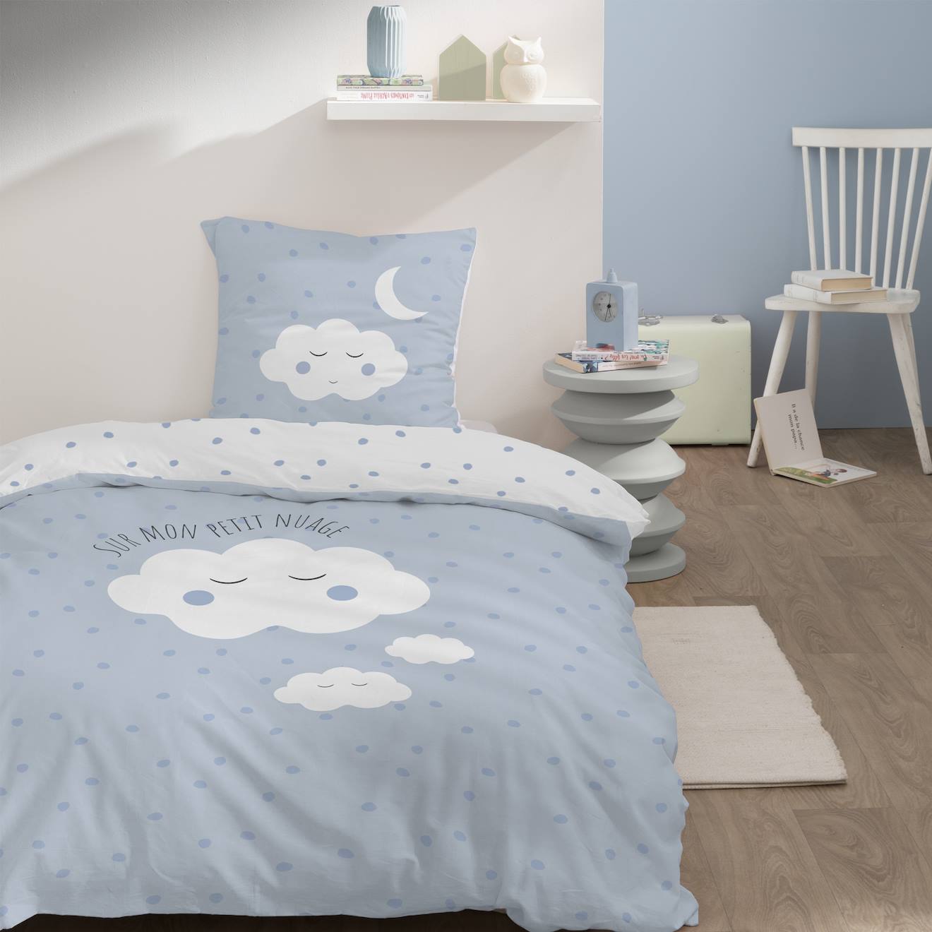 Parure De Lit Imprimée 100% Coton, Cumulus Bleu, Blanc