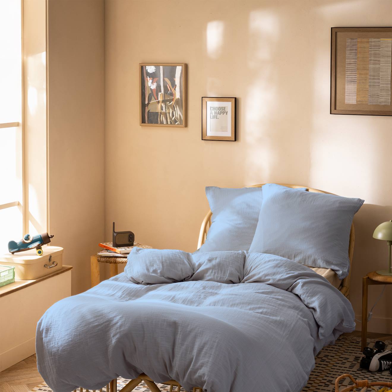 Parure De Lit Unie En Coton, Gaze De Coton Bleu Horizon
