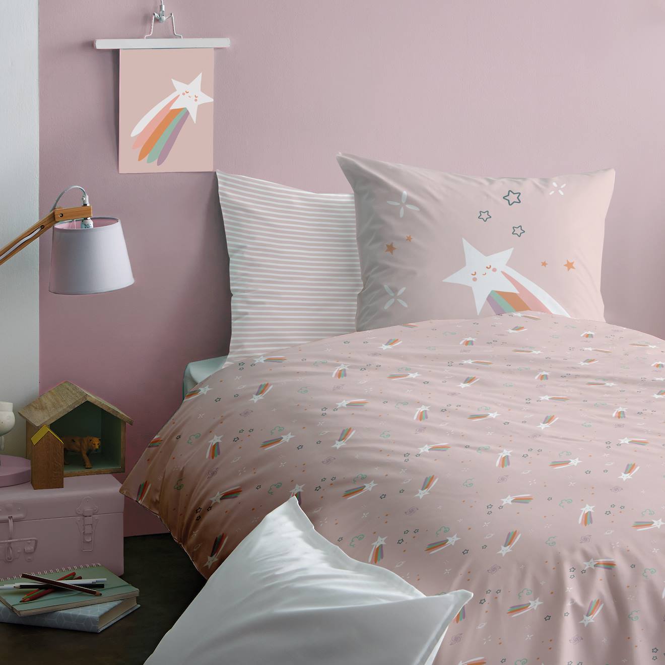 Parure De Lit Imprimée 100% Coton, Etoile Filante Rose