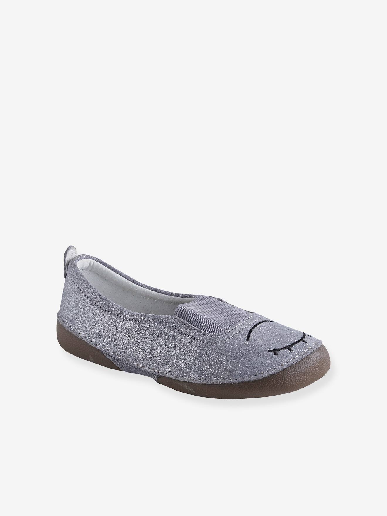 Chaussons élastiqués fille en cuir gris clair