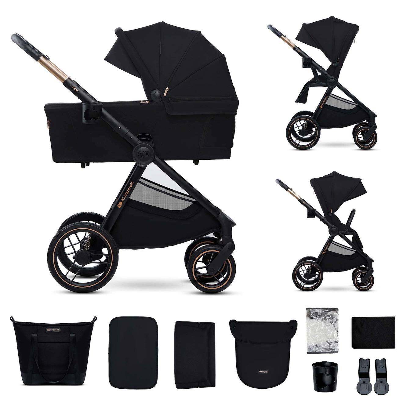 Poussette 2 En 1 Légère Pliage Compact + Nacelle Et Siège Poussette Réversible Noir